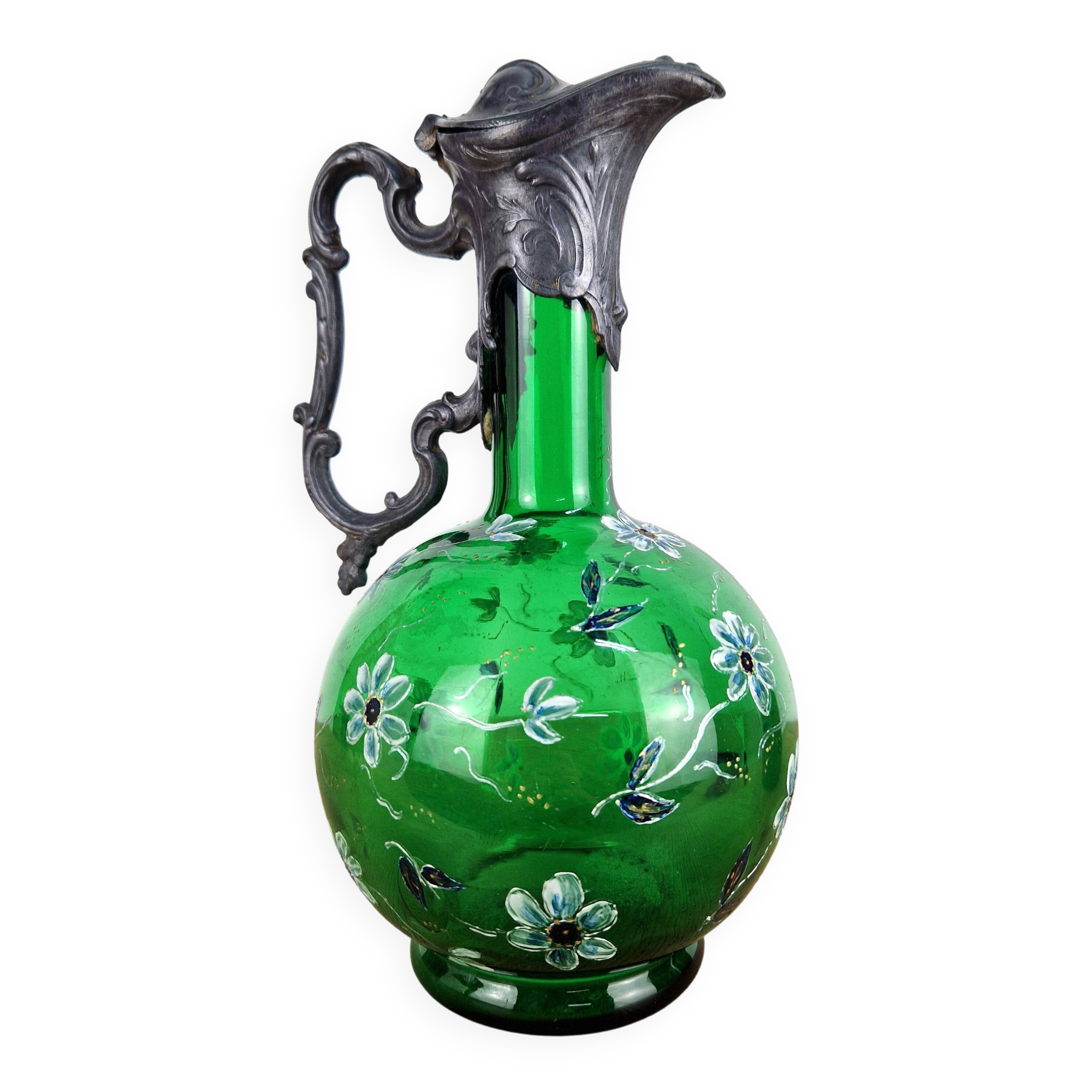 Antique Art Nouveau carafe - Bird jug enamelled glass