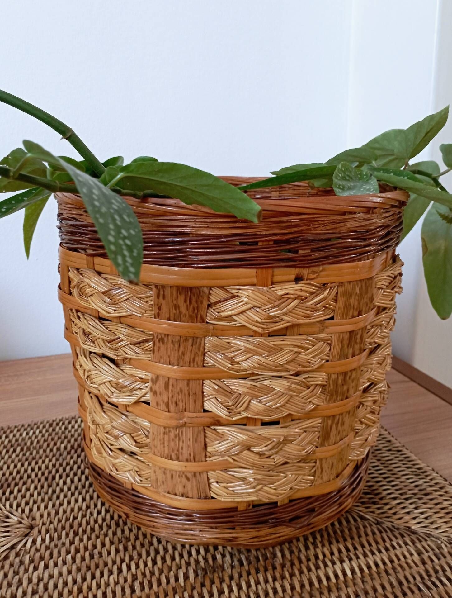 Vintage rattan and bamboo basket - Traditional weaving from China
