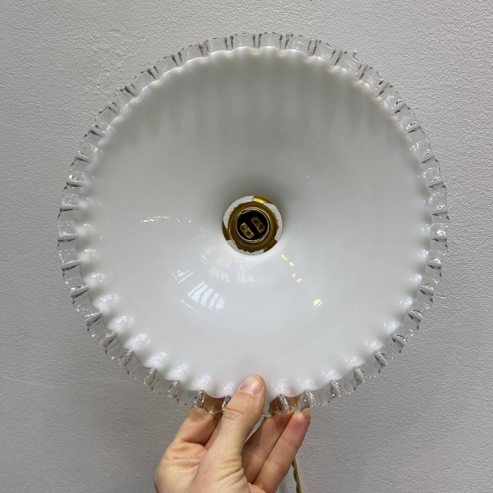 Pair of vintage pendant lights in white opaline and transparent serrated edges