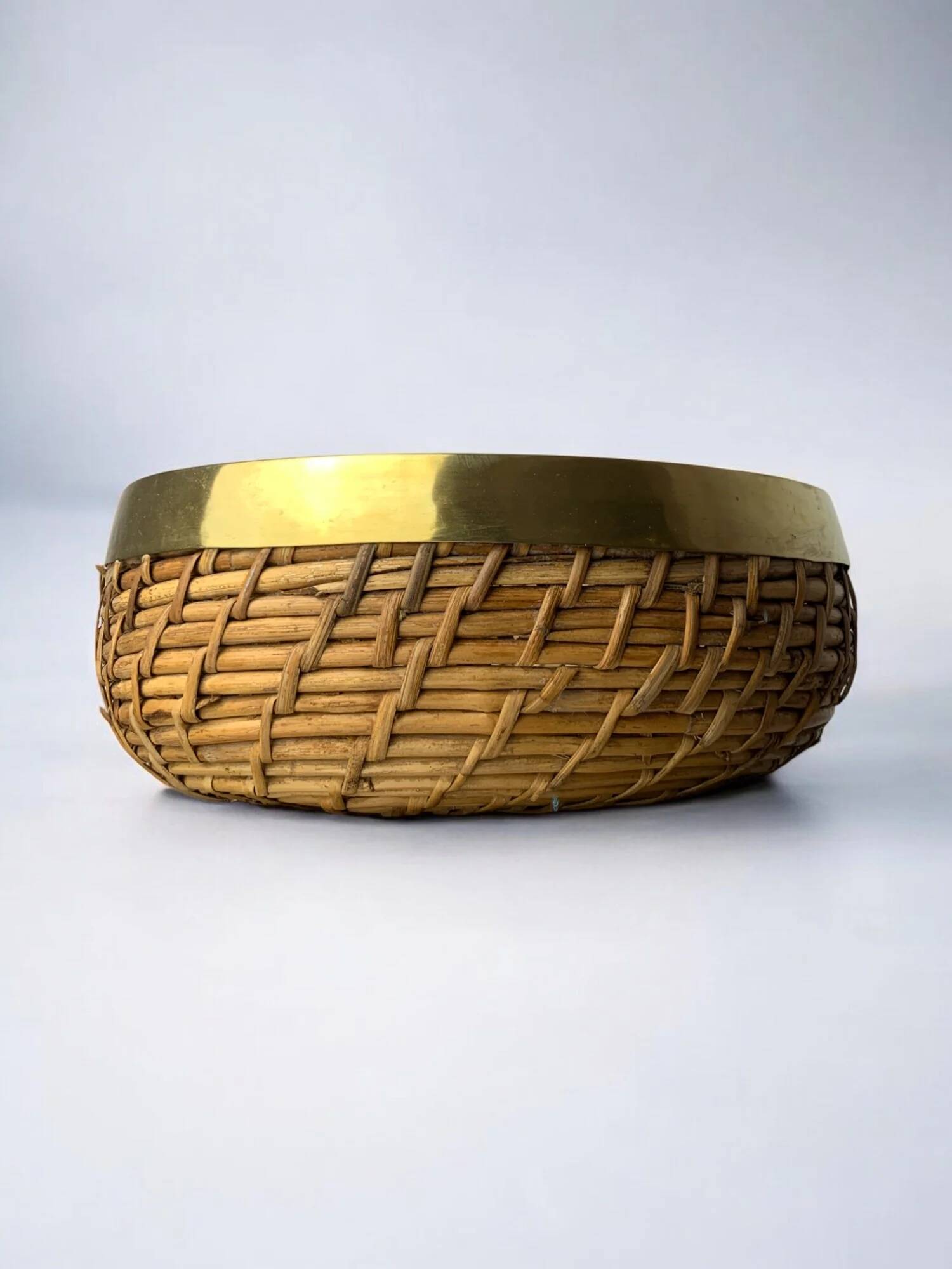 Circular rattan and brass basket, Italy, 1970s