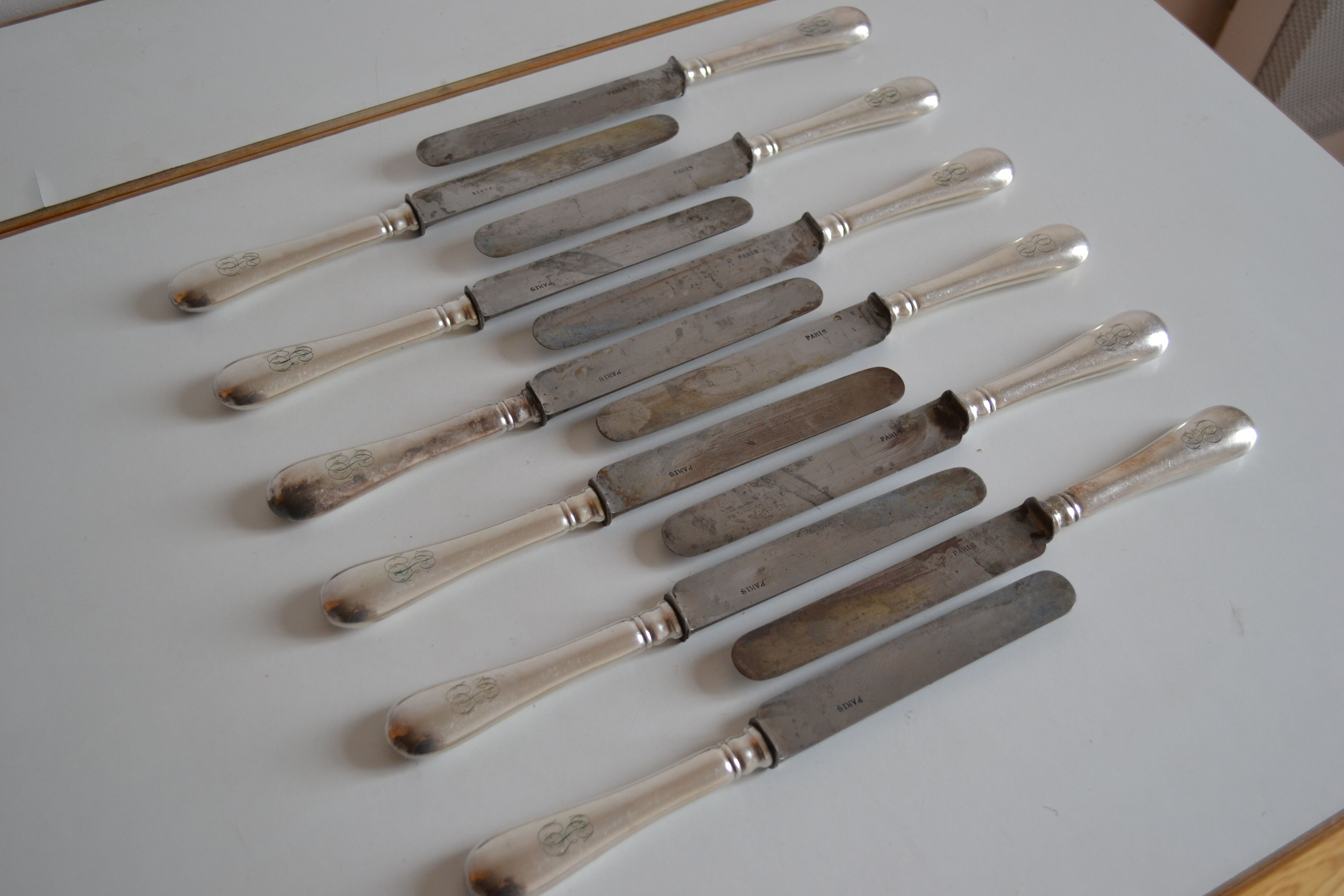 12 antique metal silver monogram table knives