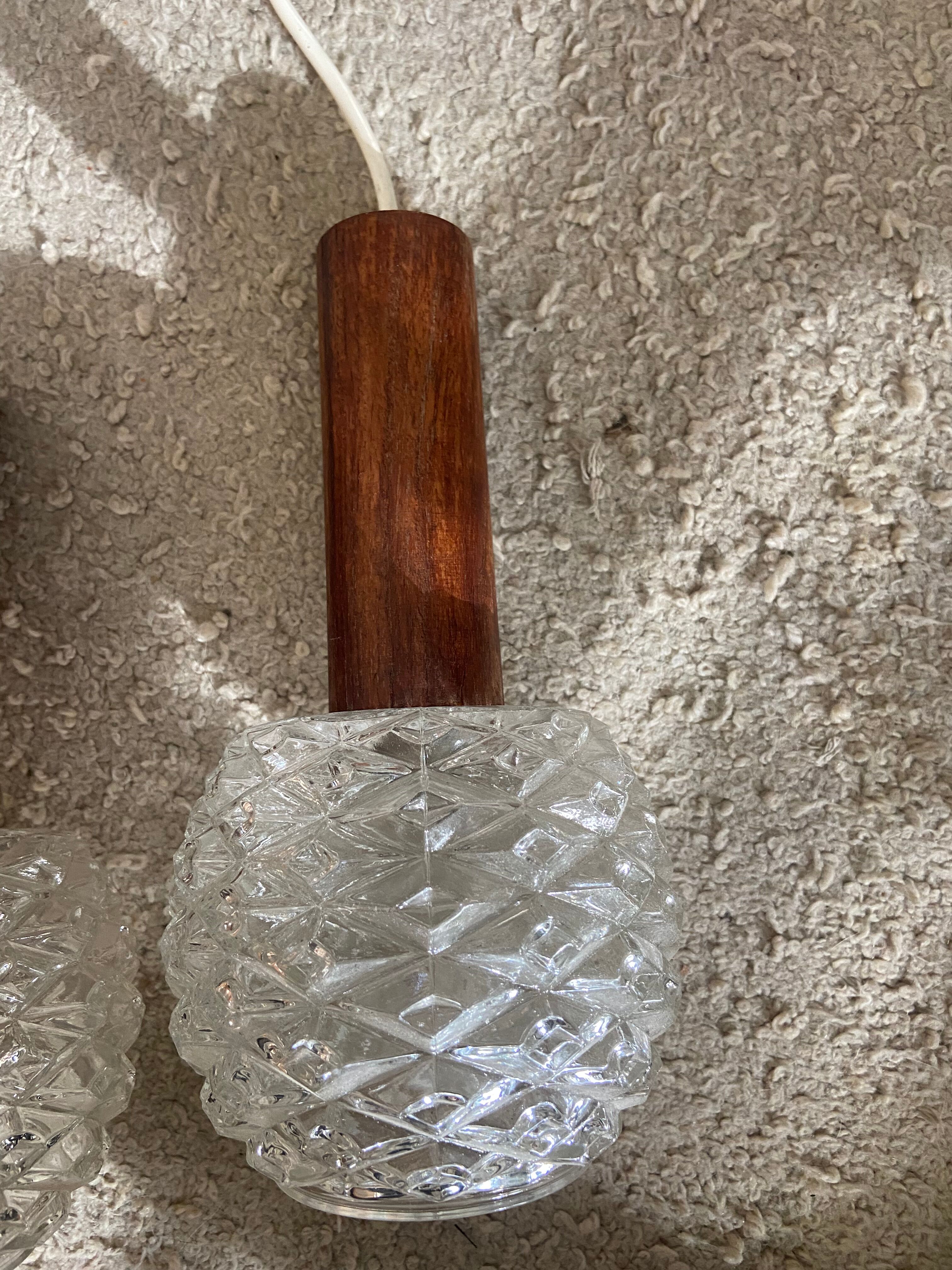 Pair of suspension in teak and vintage Scandinavian glass