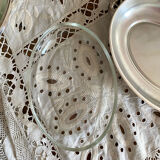 Oval silver-plated metal and glass dish