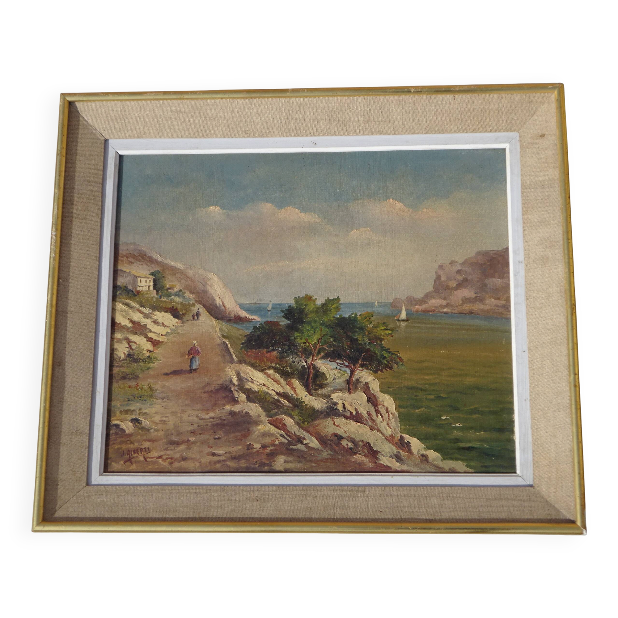 Old painting, landscape of the Calanques de Cassis, signed Alberti.