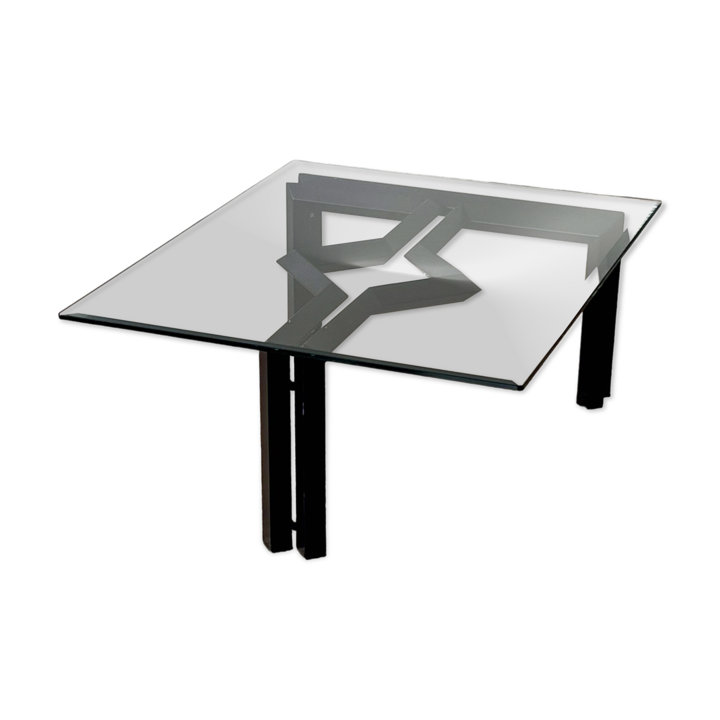 Table de salon postmoderne, structure en métal noir et en verre, années 80.