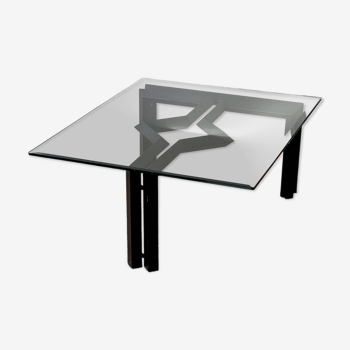 Postmodern living room table, black metal and glass structure, 80s