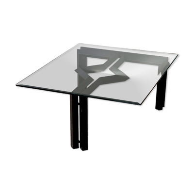 Table de salon postmoderne, structure en métal noir et en verre, années 80.