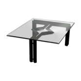 Table de salon postmoderne, structure métal noir et verre, années 80