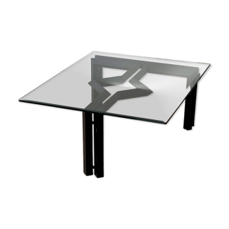 Postmodern living room table, black metal and glass structure, 80s