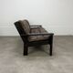 Living room sofa and brutalist armchairs in leather and wood, 70s, chalet style