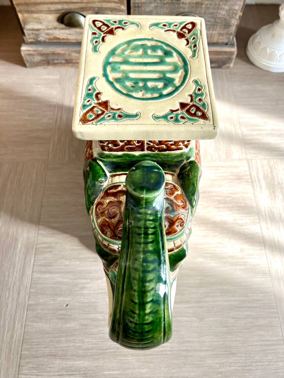 Enameled Ceramic Elephant, Plant Holder, Stool