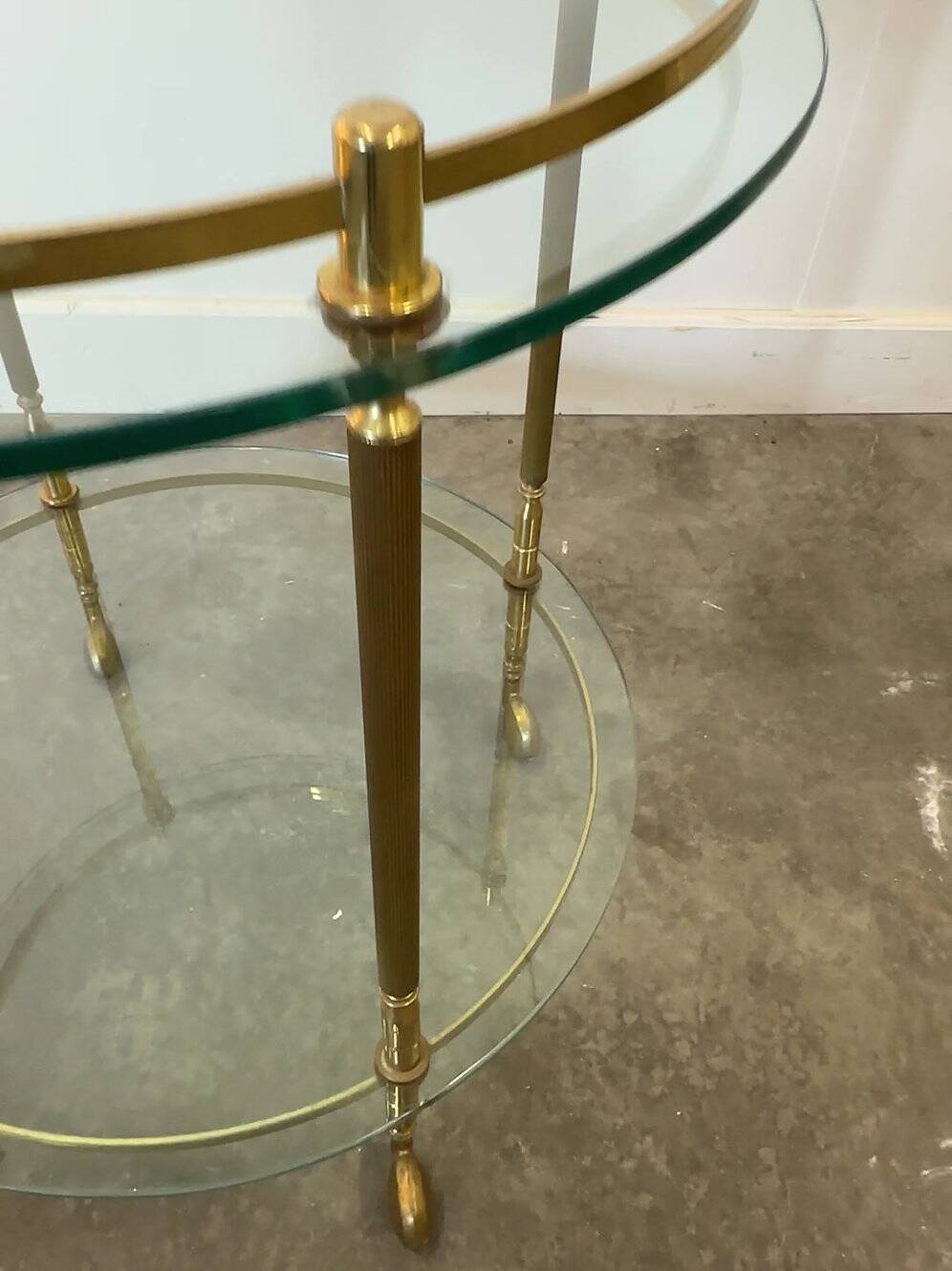 1970s mid-century modern Italian brass and glass round bar cart, Italy.