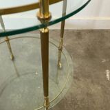 1970s mid-century modern Italian brass and glass round bar cart, Italy.