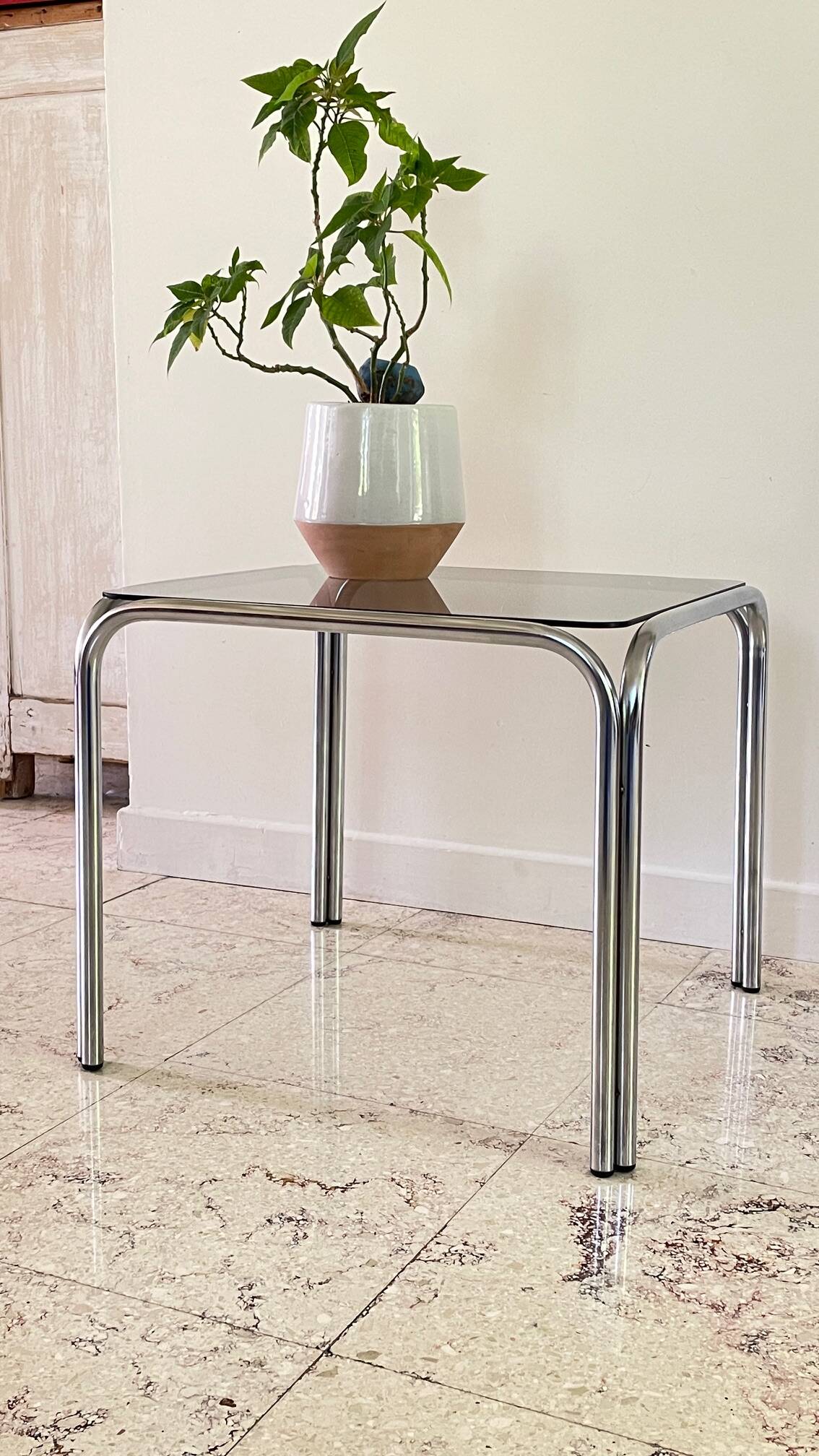 1970s coffee table glass and chrome steel