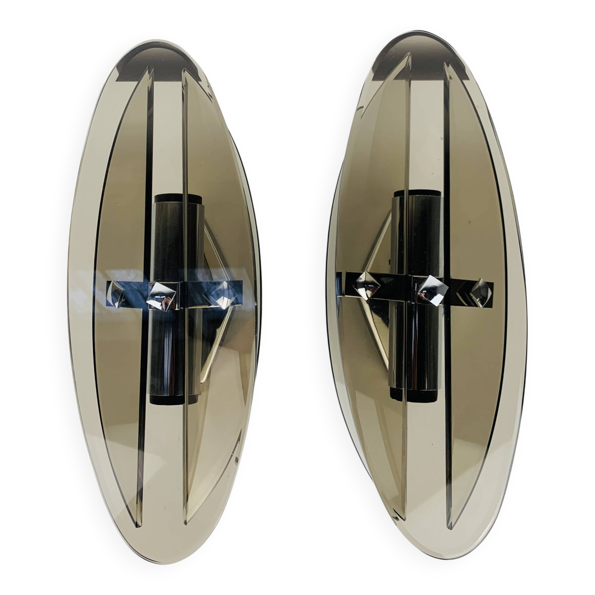 Pair of smoked glass and chrome wall lights from the 1970s.