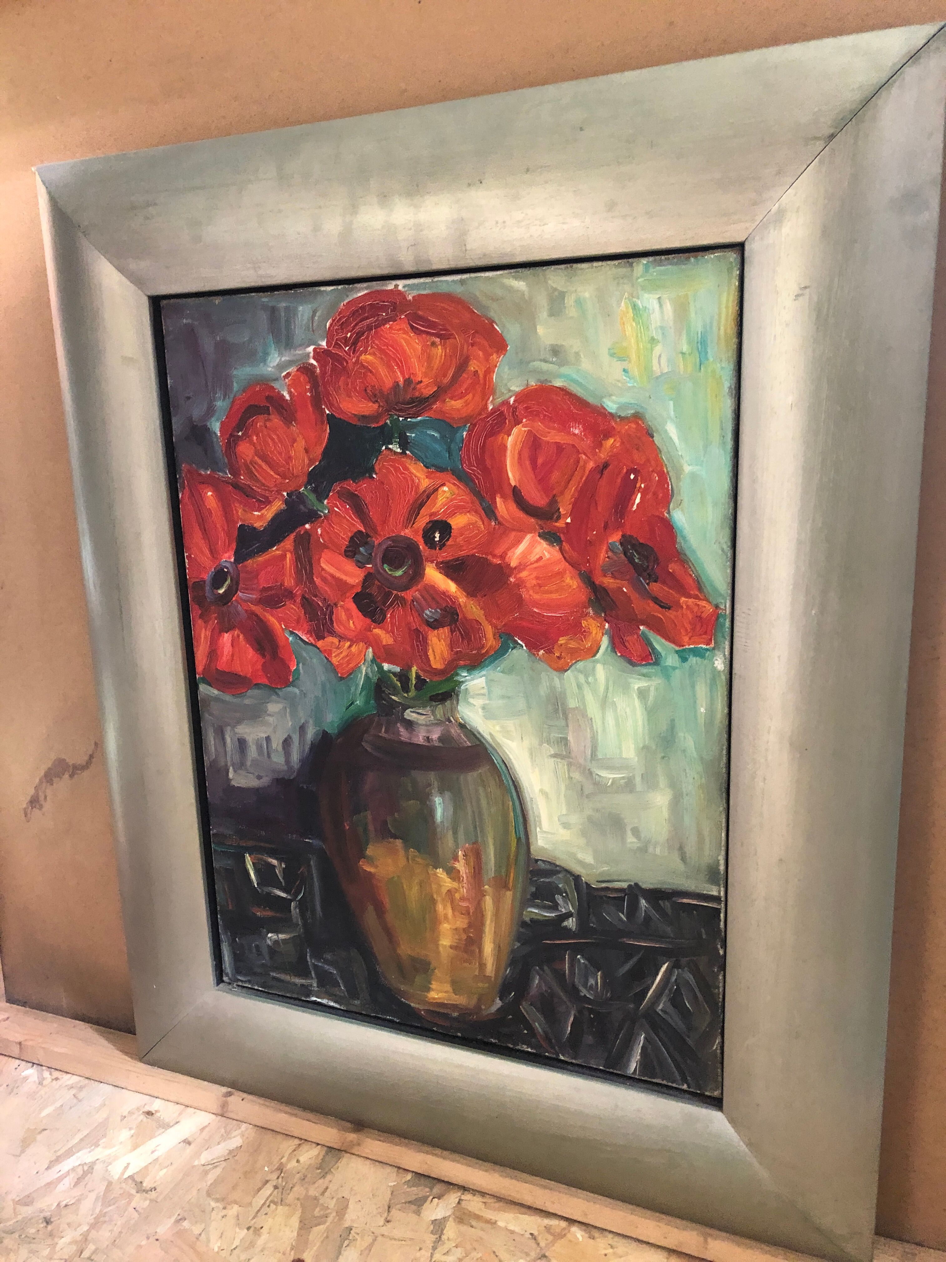Old oil painting on canvas bouquet of flowers + vintage gray wood frame