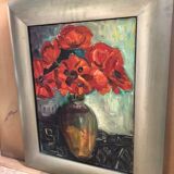 Ancien tableau huile sur toile bouquet de fleurs + cadre bois gris vintage
