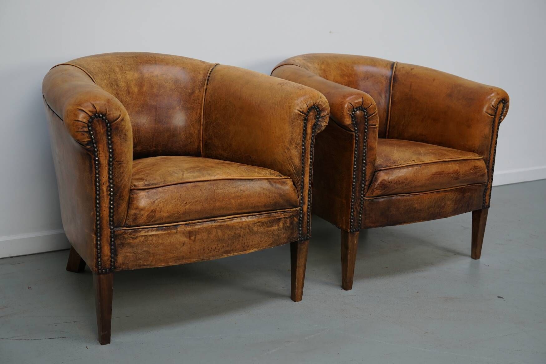 Vintage Dutch Cognac Leather Club Chairs, Set of 2