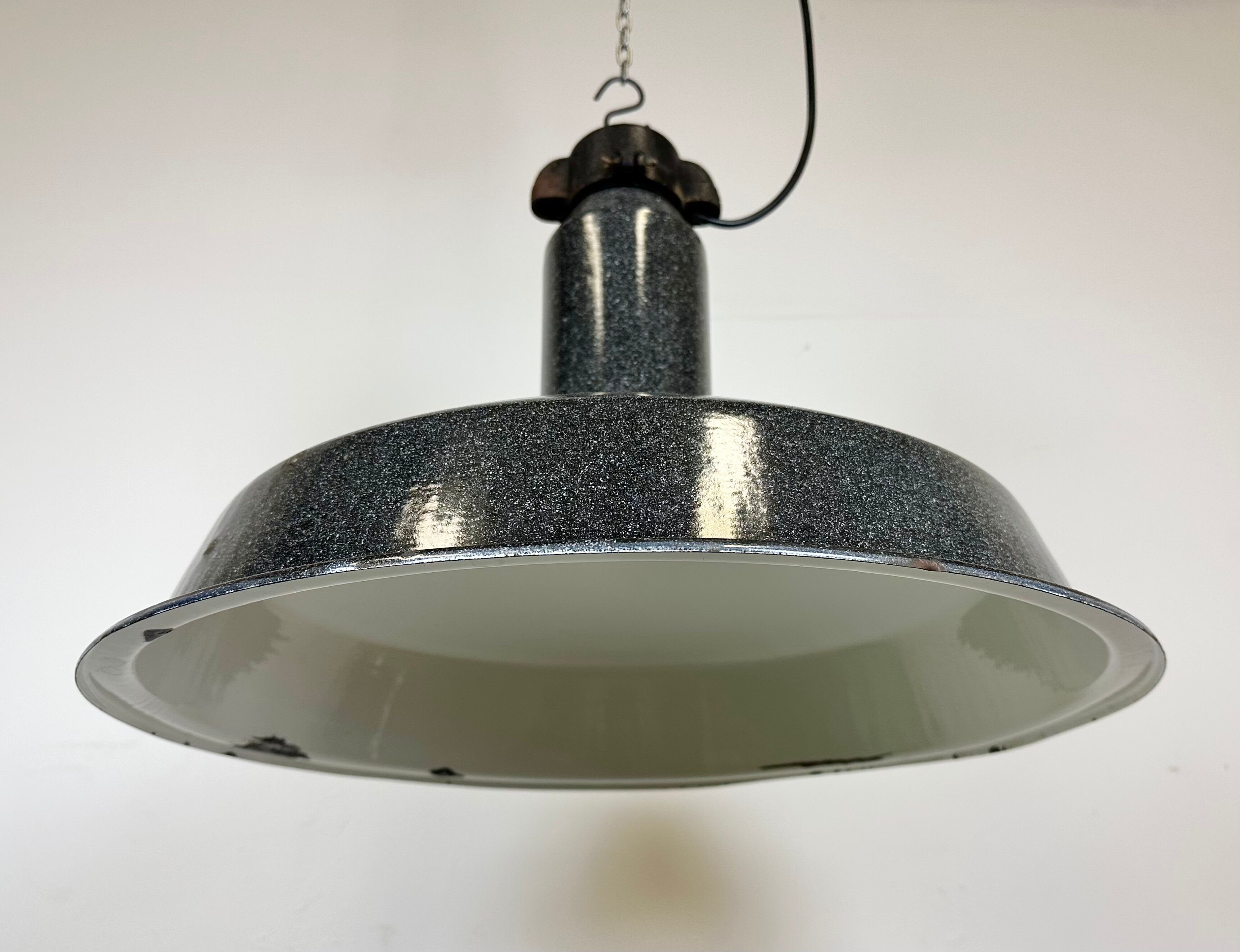 Large Industrial Grey Enamel Factory Lamp with Cast Iron Top, 1960s