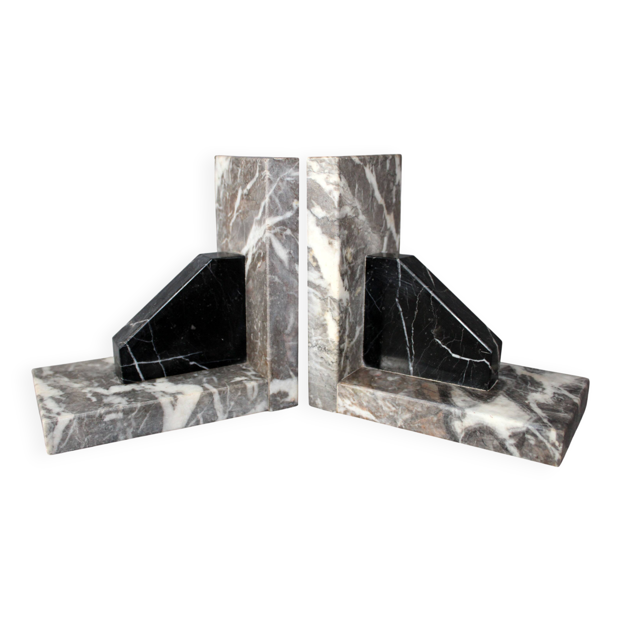 Set of 2 vintage Art Deco bookends in grey, black, and white marble