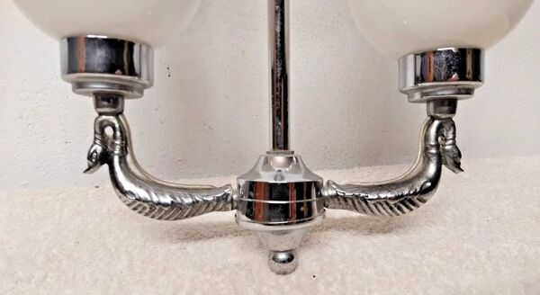 Ancien lustre 2 bras canards chromé - abats jour opaline vintage
