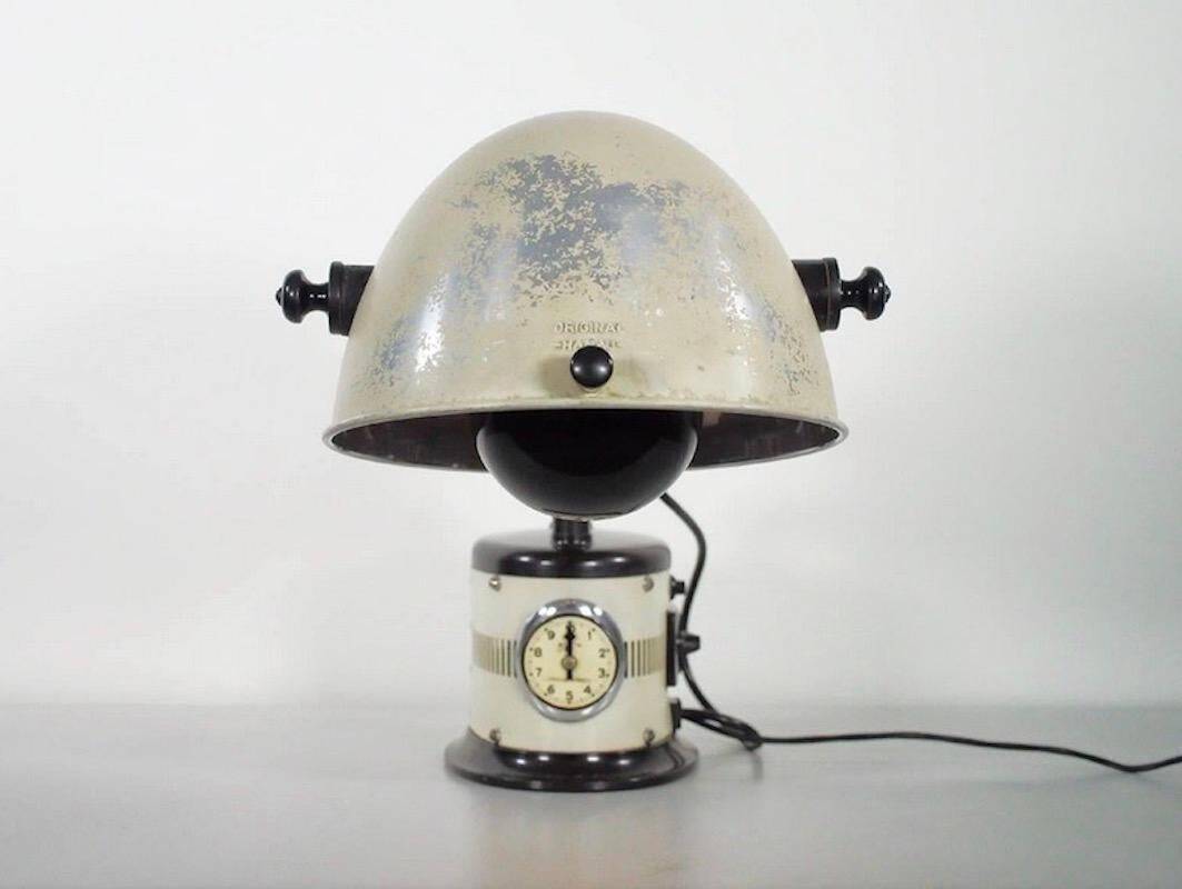 Black and white table lamp made from a 1940s solar lamp.