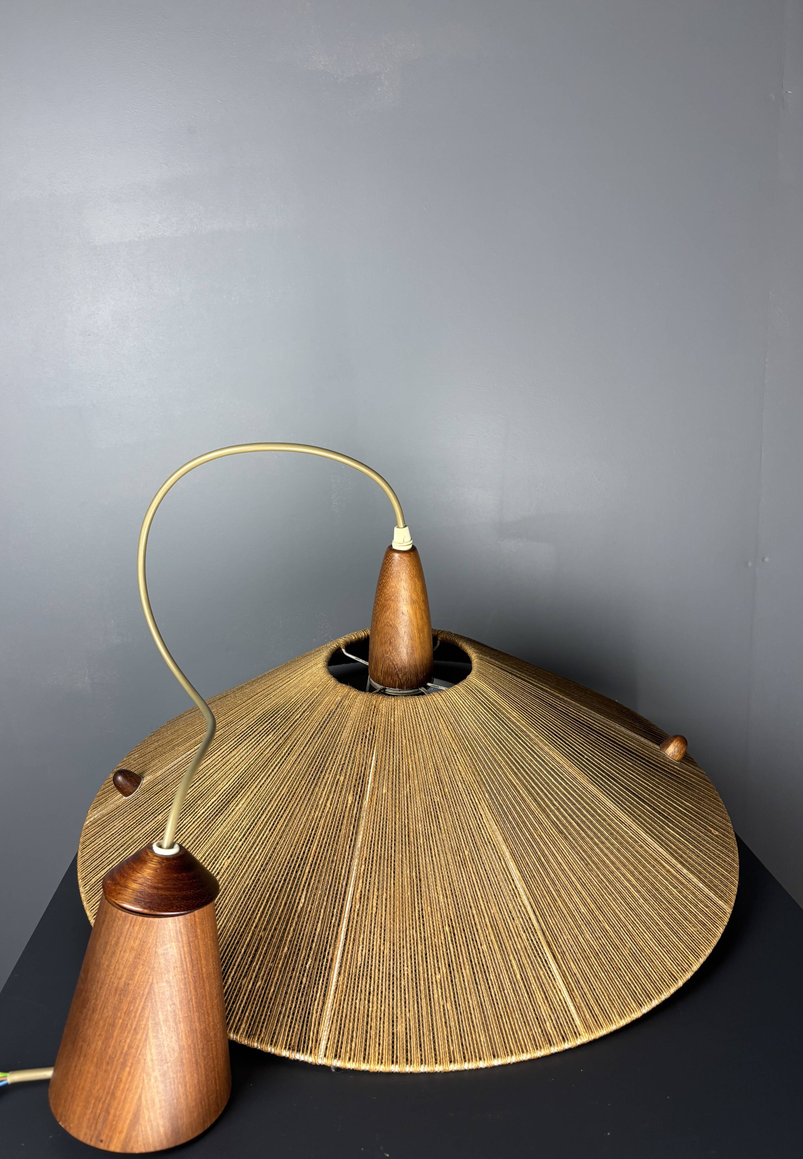 Large Mid-Century Teak and Sisal Cord Pendant from Temde Leuchten, 1960s