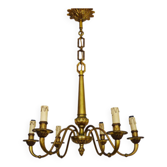 Ancien lustre, suspension, luminaire à 6 feux en bronze. Années 60