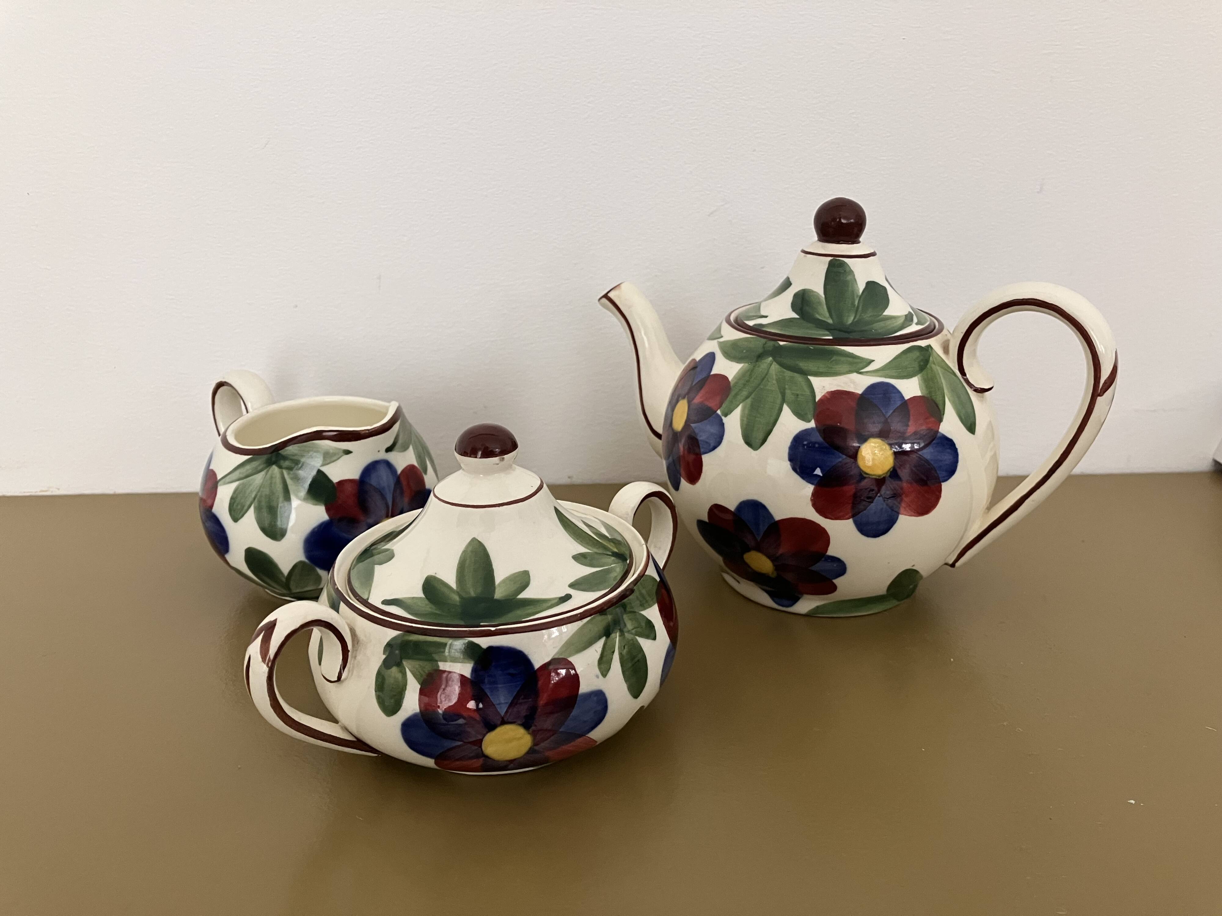 Schramberg teapot with sugar bowl and milk jug with hand-painted floral motif