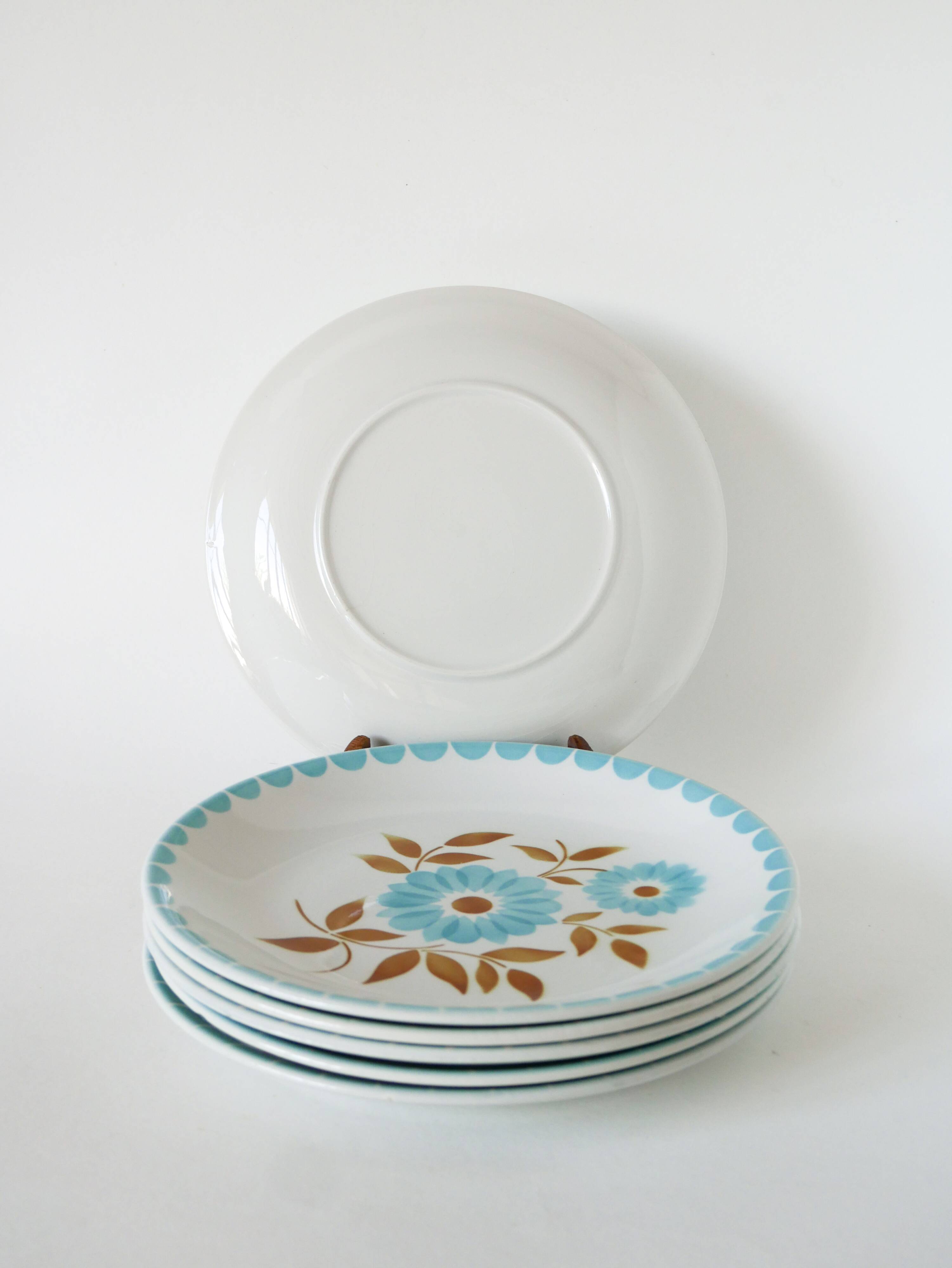 Set of 6 semi-deep plates with flowers, Sky Blue and Brown, 1970.