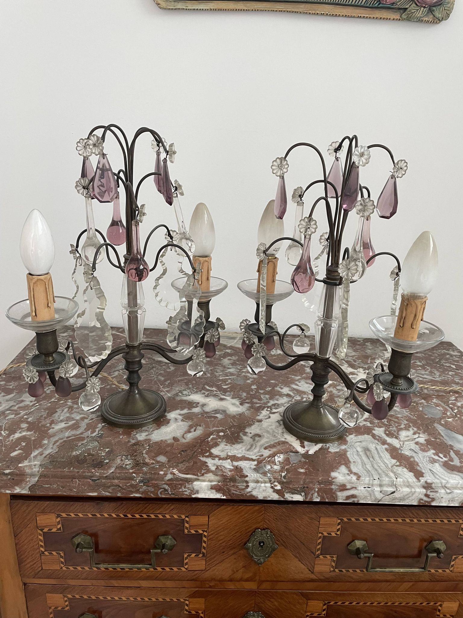 pair of chandeliers, lamp, silver-plated metal, crystal, tassels, florets, pendant, rosettes
