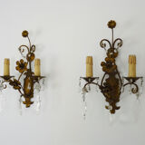Pair of vintage Italian wall lamps in gilded metal, glass grapevines. Year 60