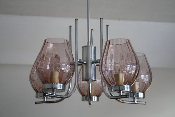 Lustre en metal chromé & verres ciselés