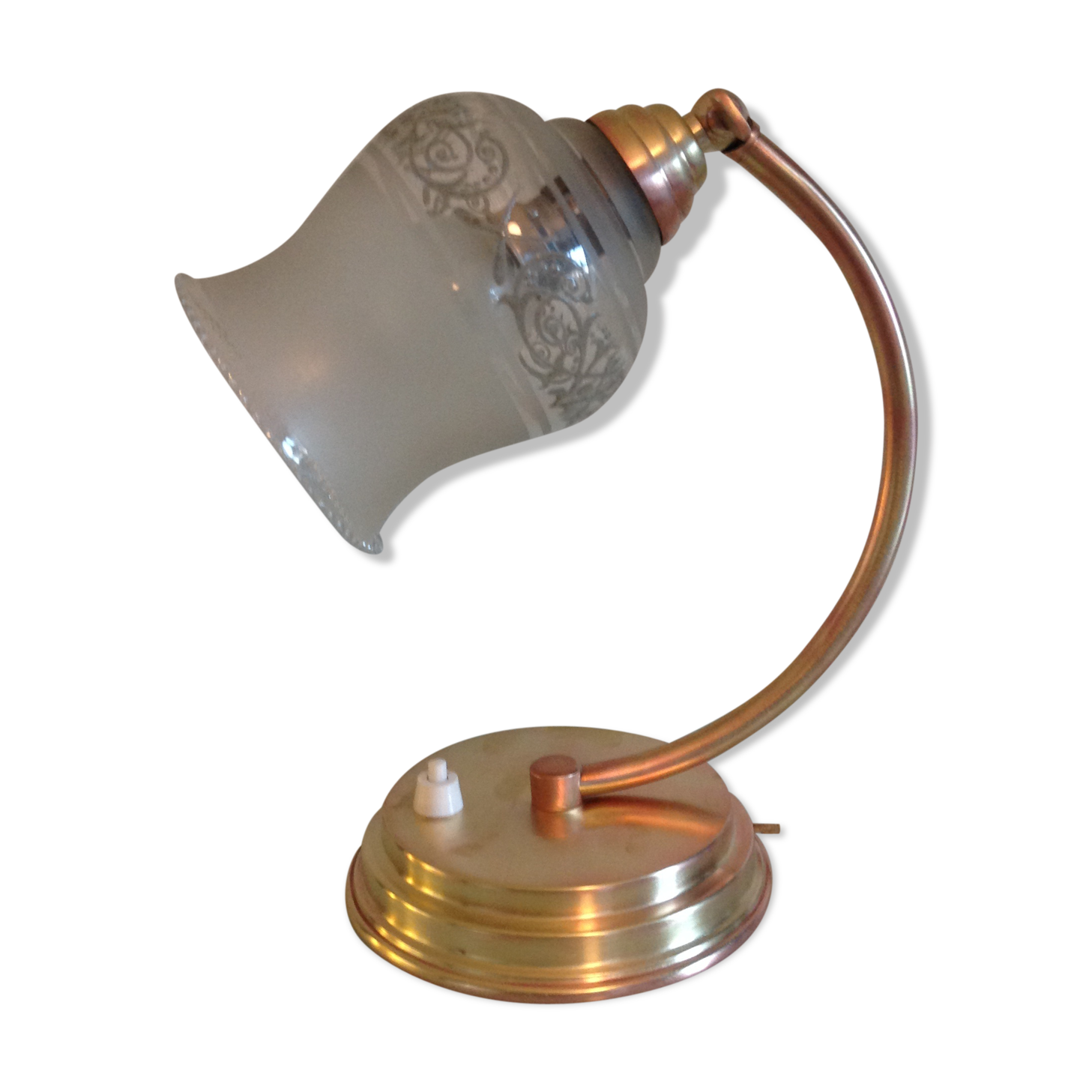 Brass bedside lamp and glass silkscreen vintage 50-60 years