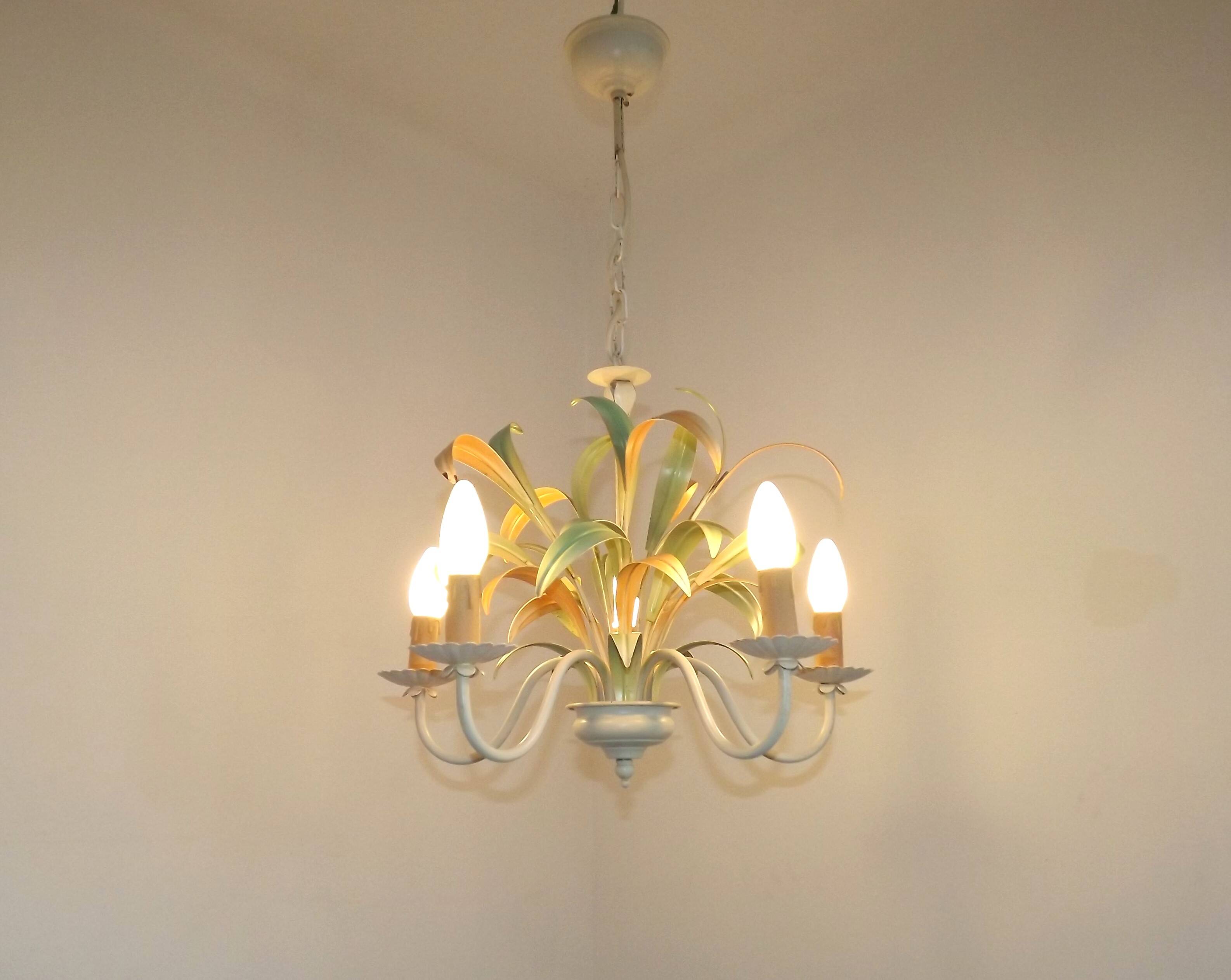 French Vintage Cream 5 Light Metal Chandelier Green and Peach Leaves
