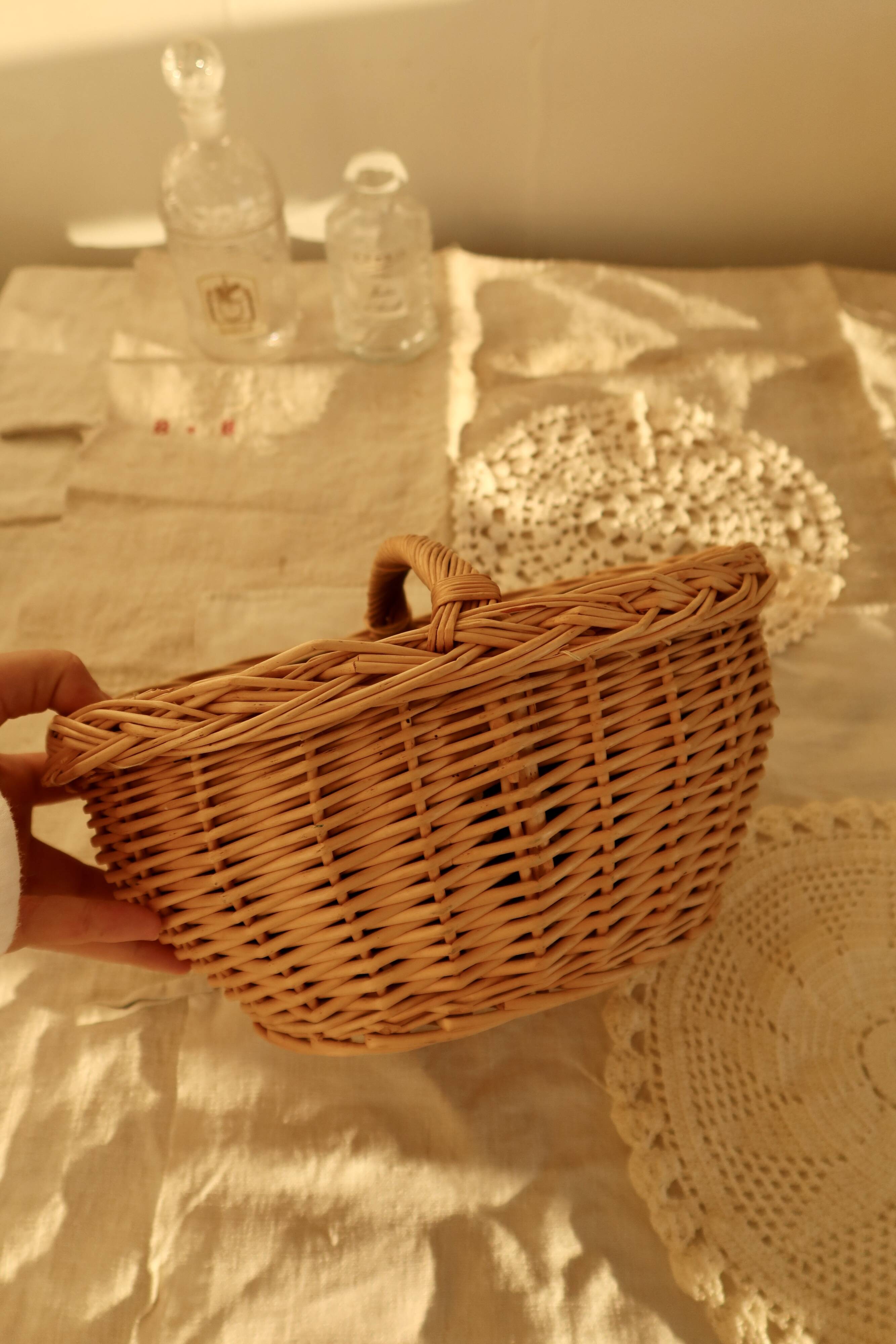 Small vintage wicker basket with navy blue lining and white polka dots - Cottage core