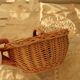 Small vintage wicker basket with navy blue lining and white polka dots - Cottage core