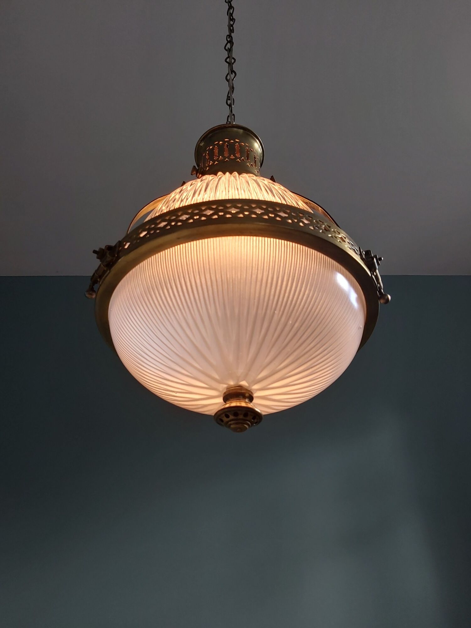 Holophane pendant lamp in prismatic glass and brass, 1920s-30s