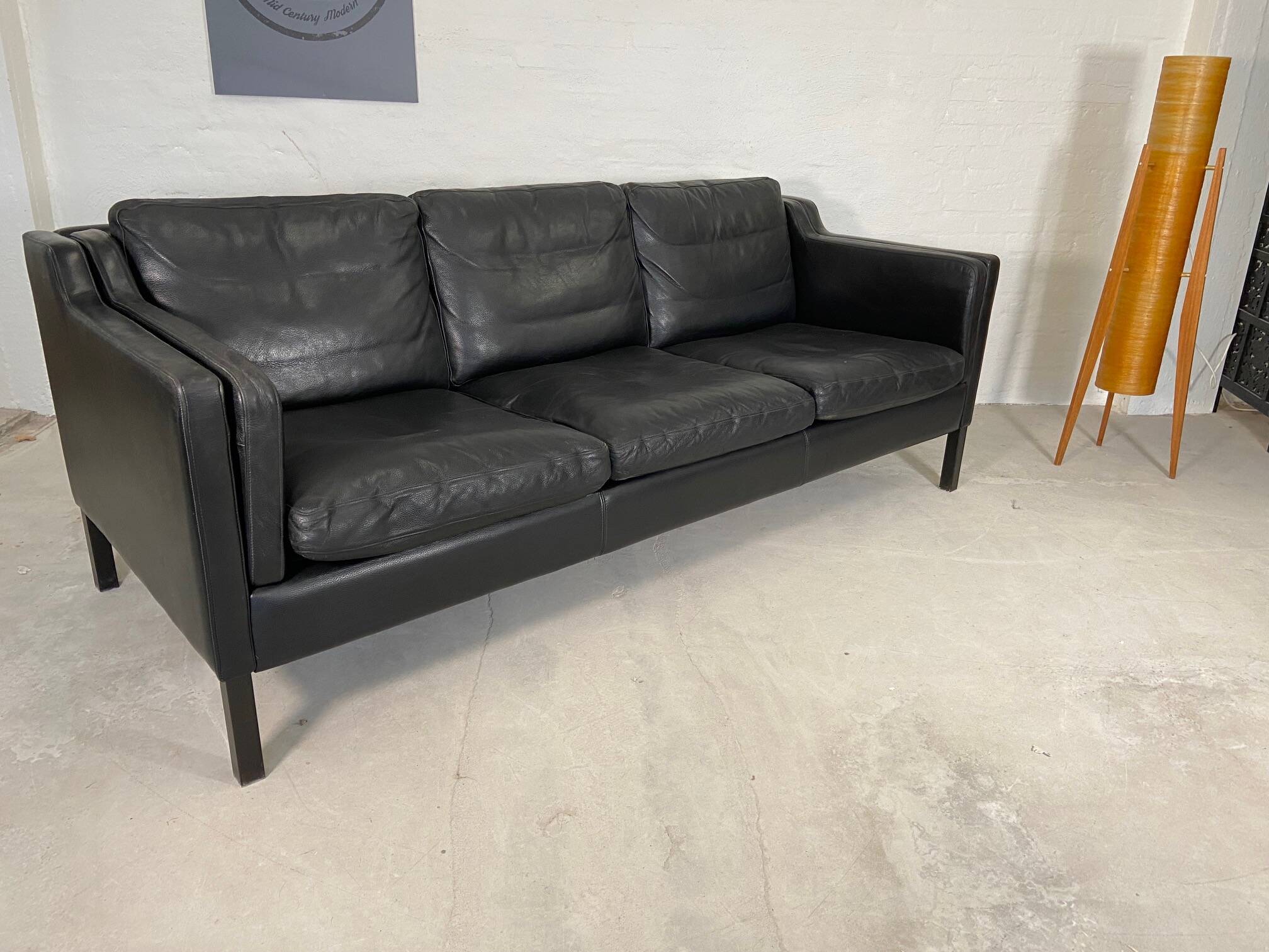 Vintage danish black leather 3 person stouby sofa
