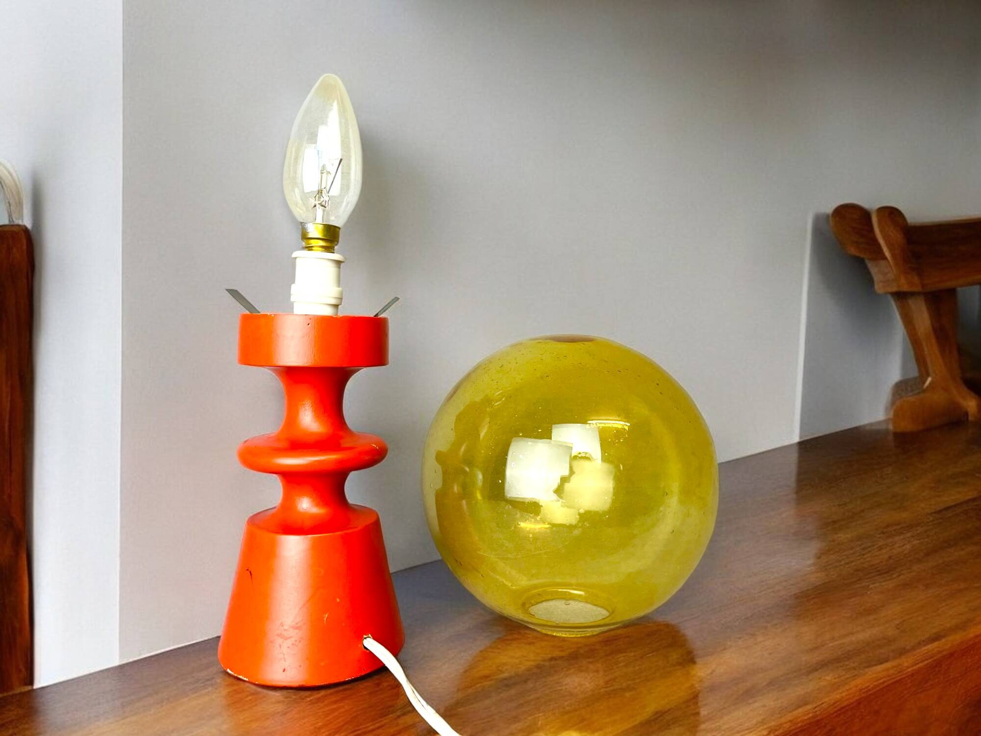 Portuguese Orange Wood & Amber Seeded Glass Table Lamp