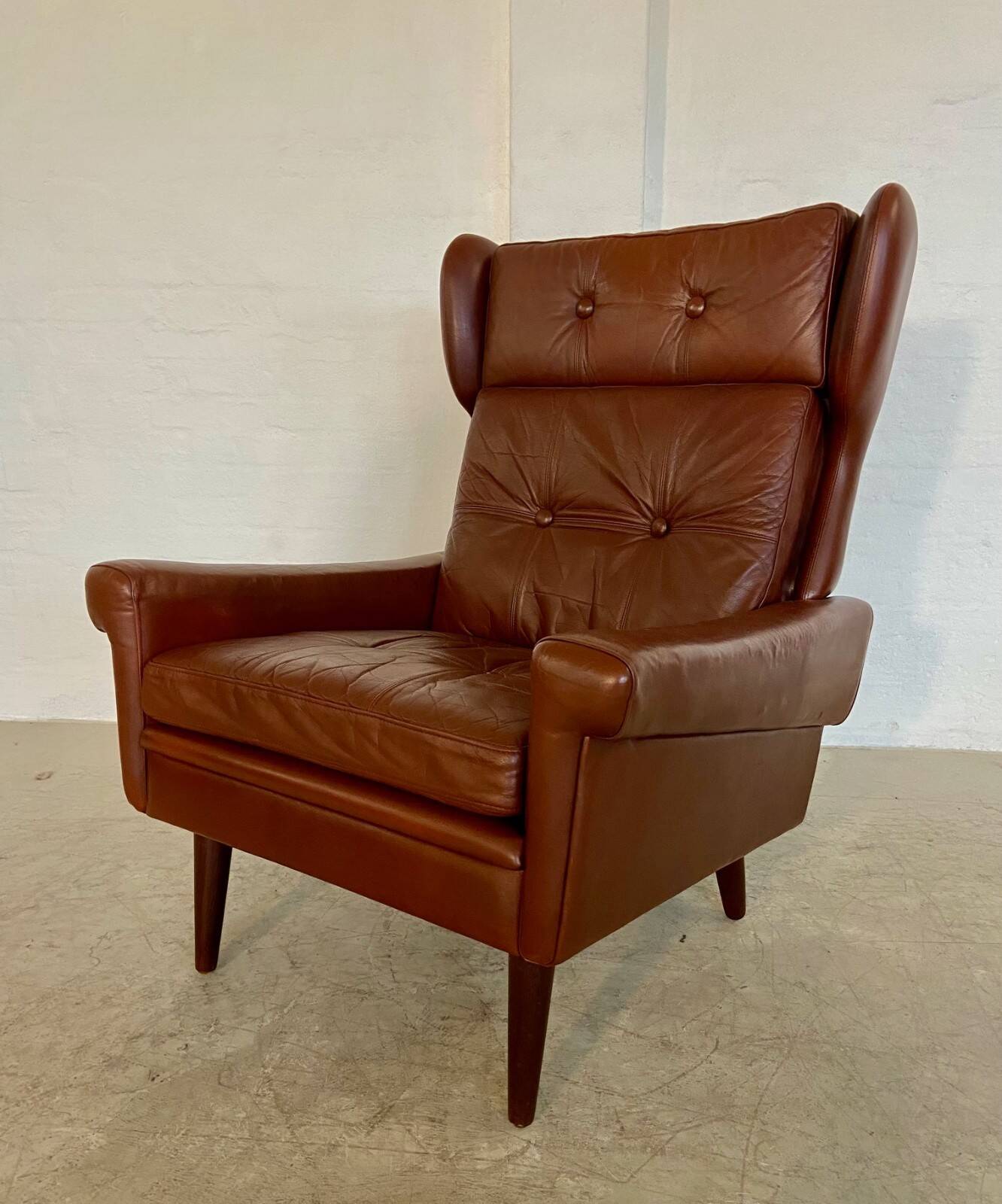 Vintage Danish retro mid-century Svend Skipper caramel brown leather chair