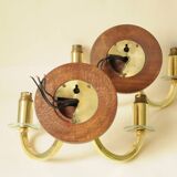 Pair of vintage wall sconces in polished gold brass, wood and glass