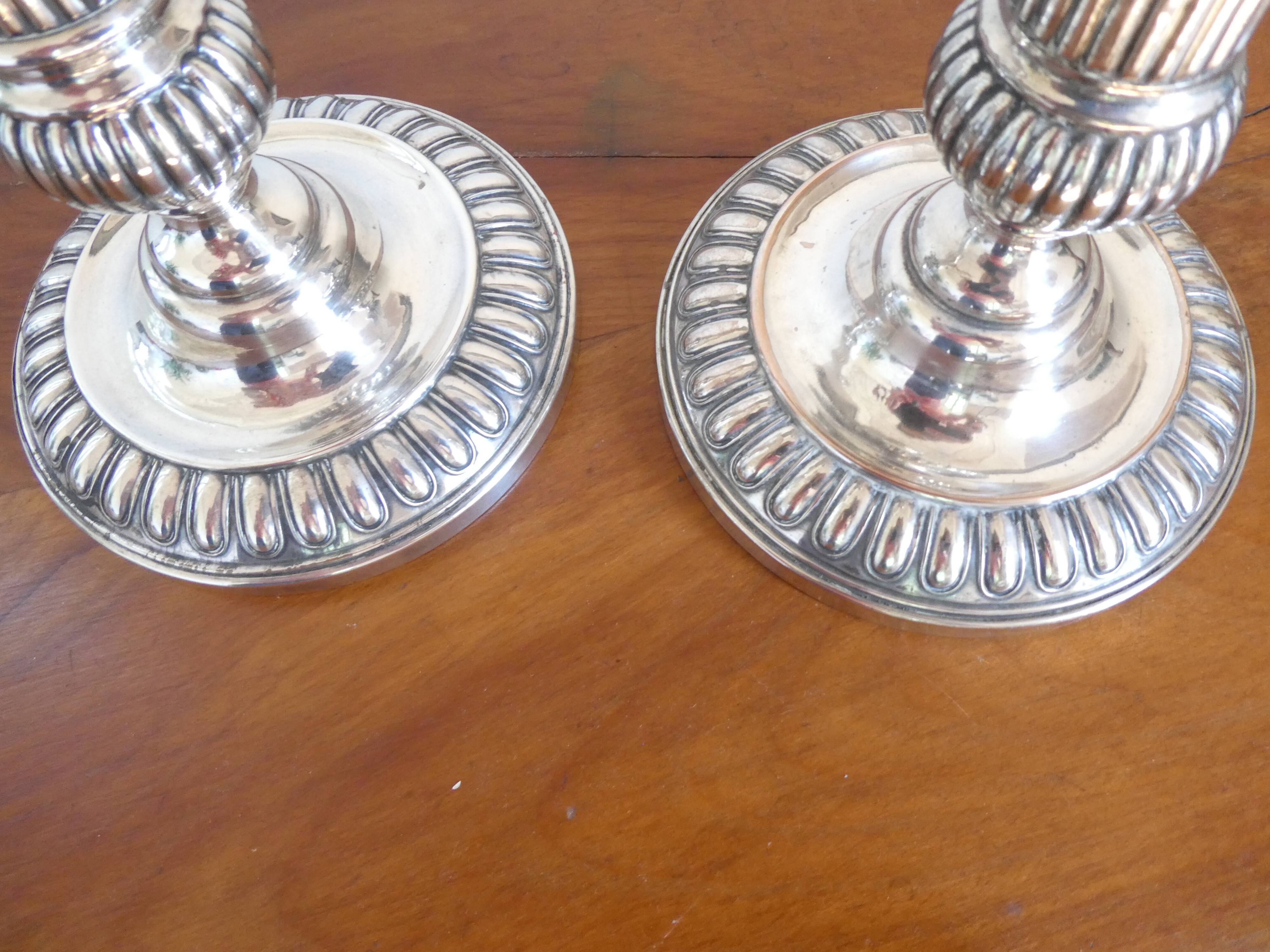 Antique pair of 19th century silver-plated metal candlesticks, 27 cm