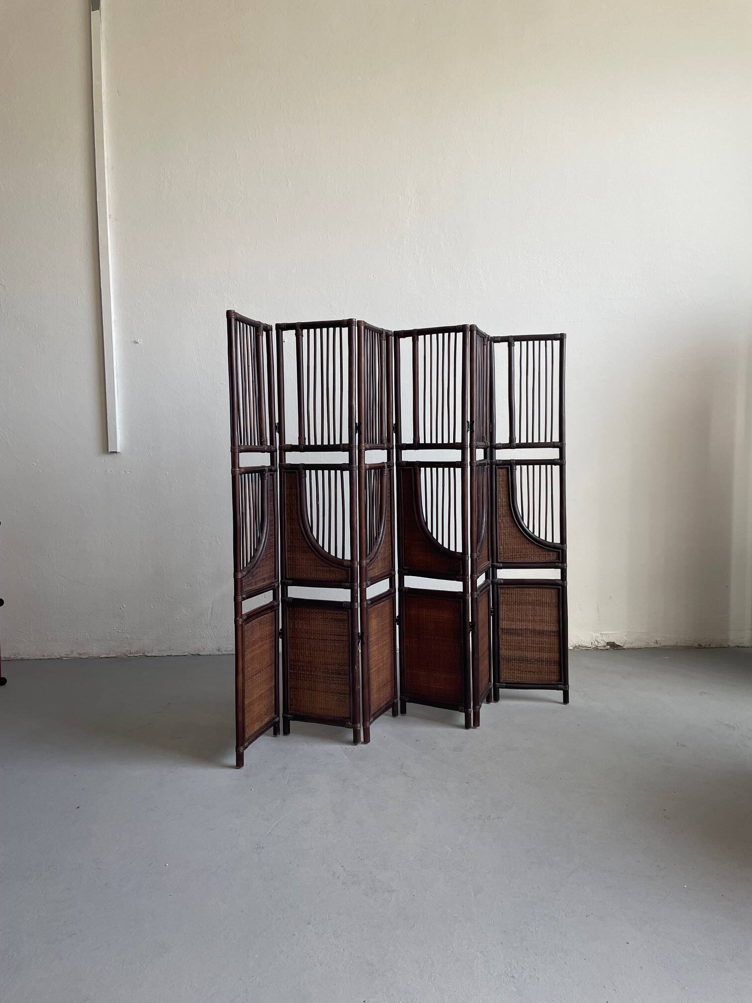 Vintage Six Panel Tinted Bamboo and Rattan Screen, Room Divider
