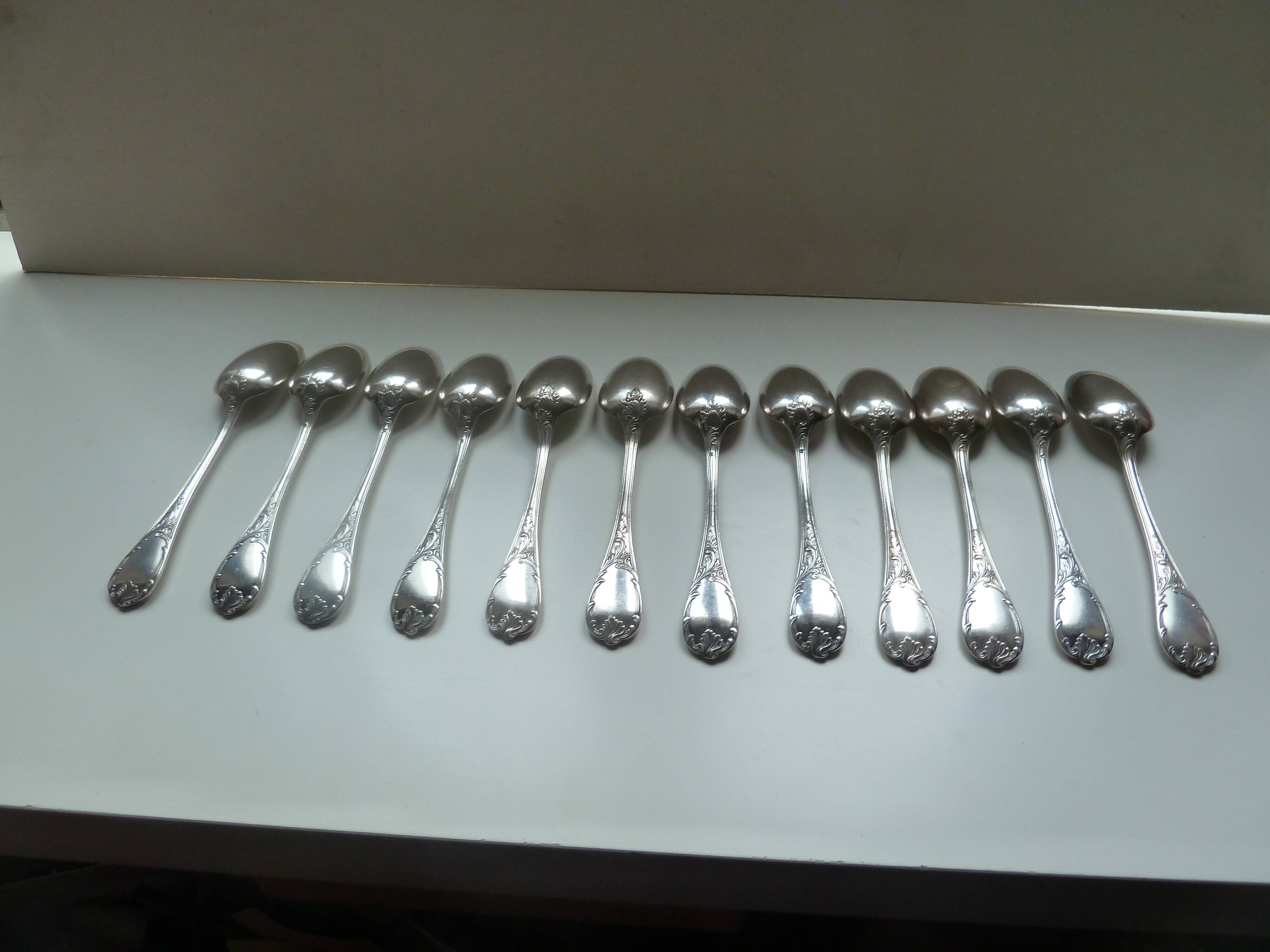 Lot 12 old silver metal spoons Christofle marly model floral decoration