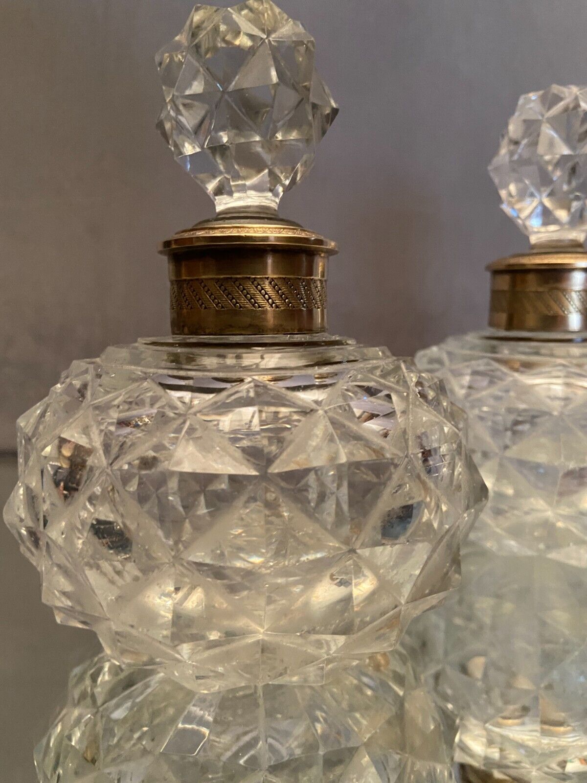 Pair of bottles nineteenth crystal Baccarat decoration diamond points bronze guilloché