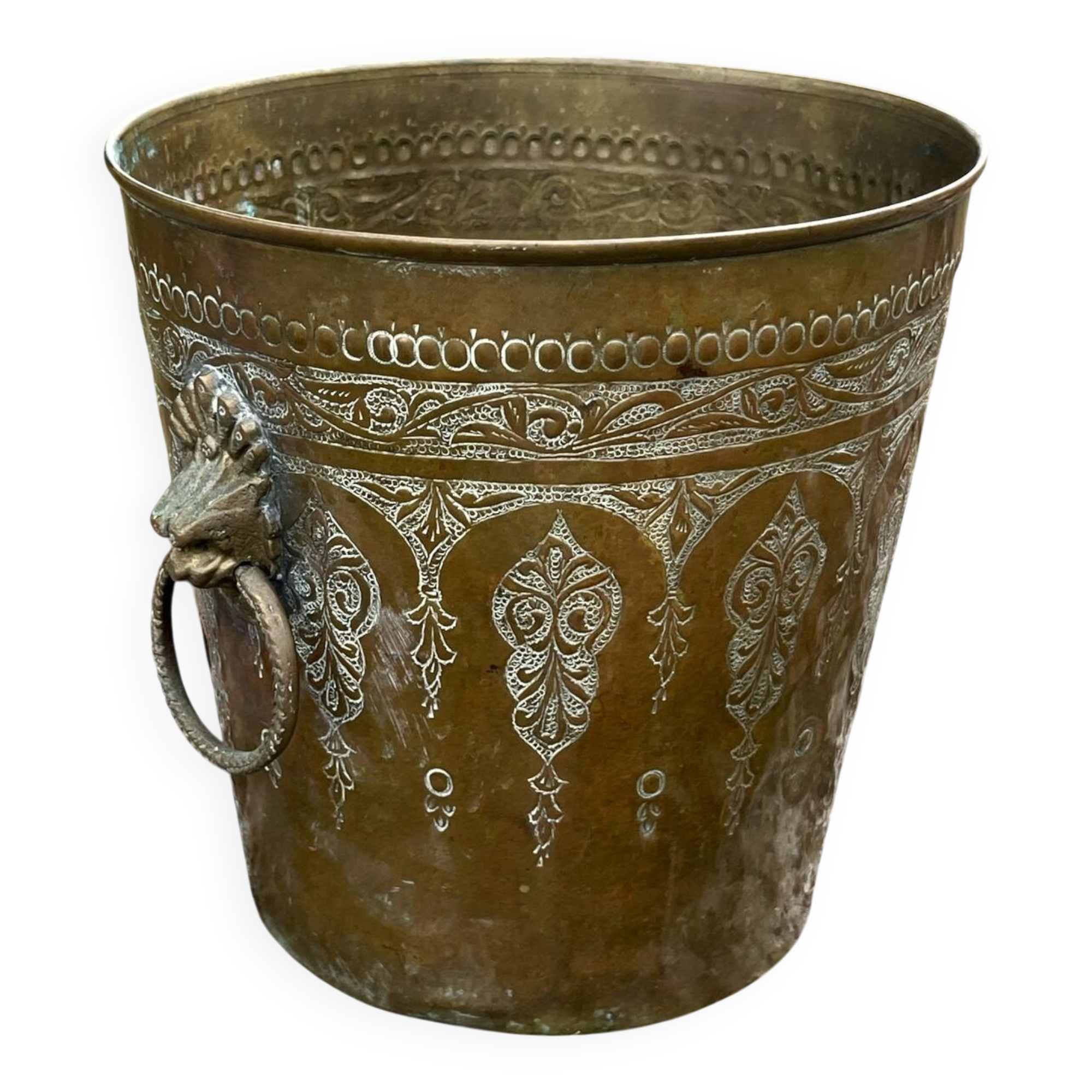Persian Brass Champagne Bucket, Hand Engraved Ram Head Handles