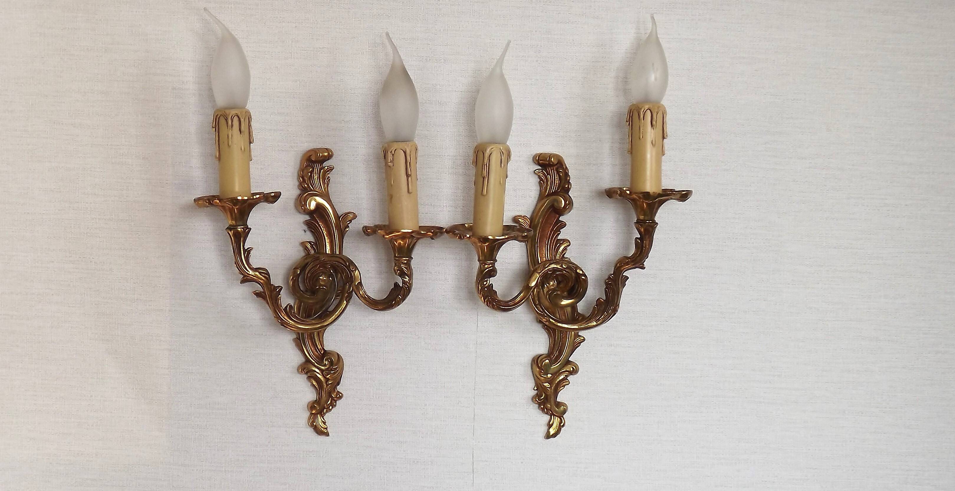 Stylish Vintage French Bronze Double Wall Sconces with Acanthus Leaf Detail