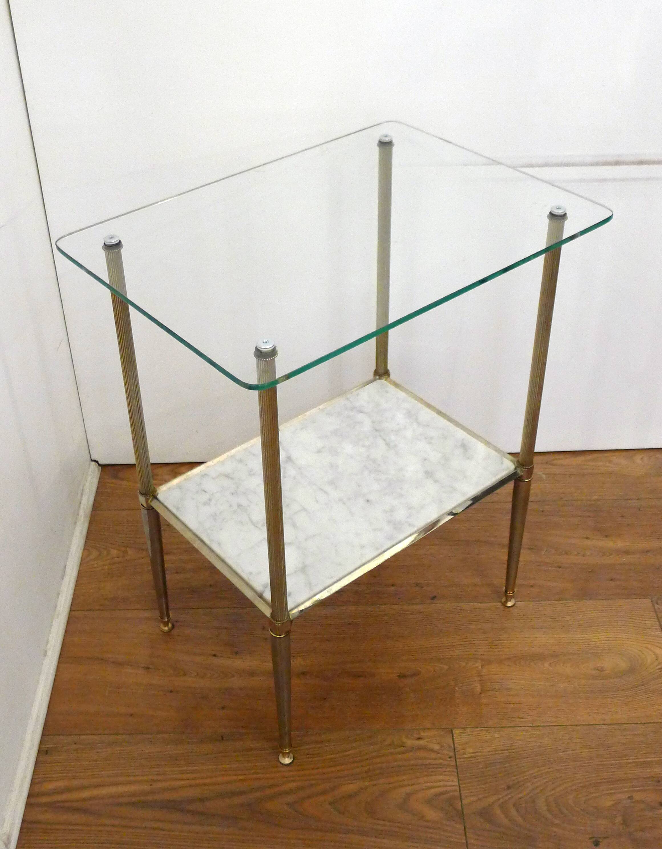 Small Regency-style side table, gold, glass & marble, 1970s.