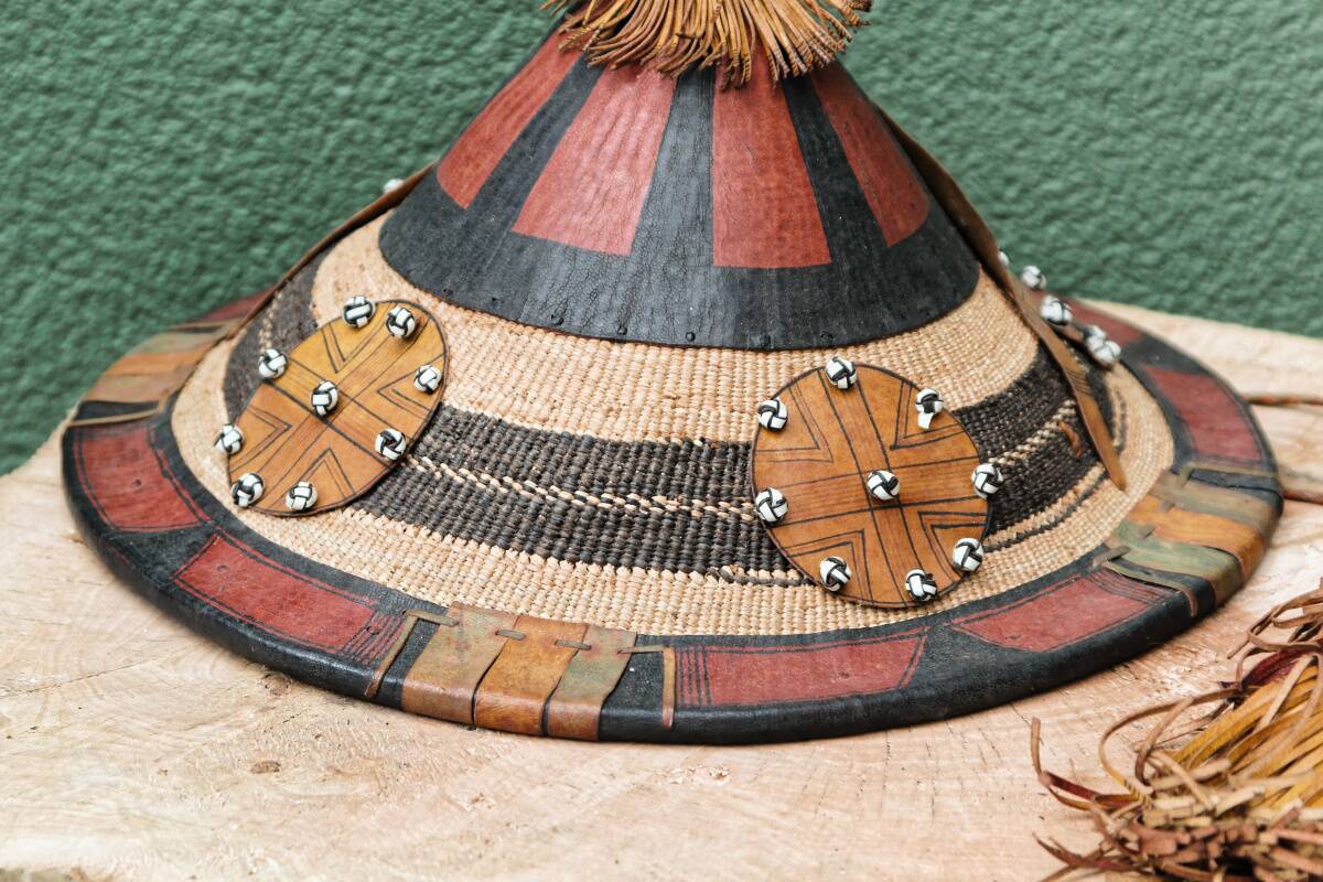 Lot of 3 straw and leather hats, Fulani people, Mali